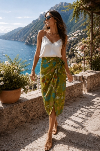 Zielona spódnica kopertowa midi w kwiaty z wiązaniem z boku Ischia