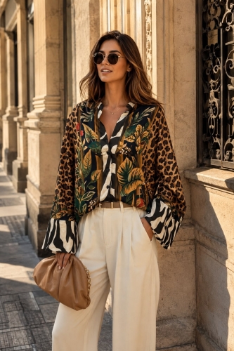 Koszula brązowa w panterkę i kwiaty satynowa z rękawem kimono Flaibano