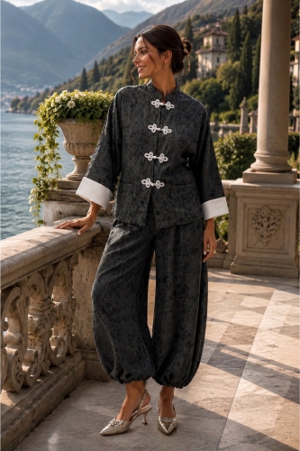 Spodnie balloon grafitowe orientalne z gumką w pasie i wysokim stanem Ovaro