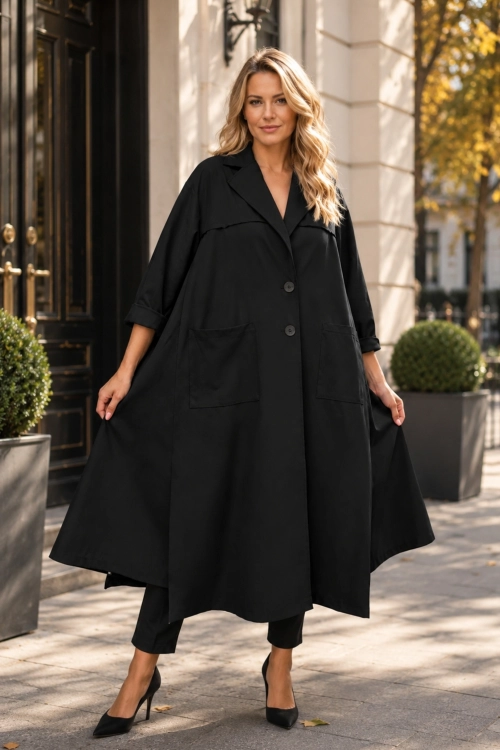 Płaszcz oversize czarny casual na guziki Tavagnacco