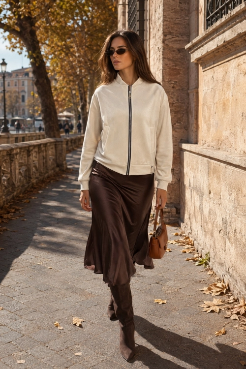 Bluza damska beżowa casual premium oversize z rozpięciem na suwak i klasyczną stójką Merezola