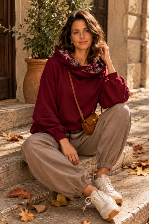 Bluza oversize bordowa asymetryczna z kapturem Palanzano