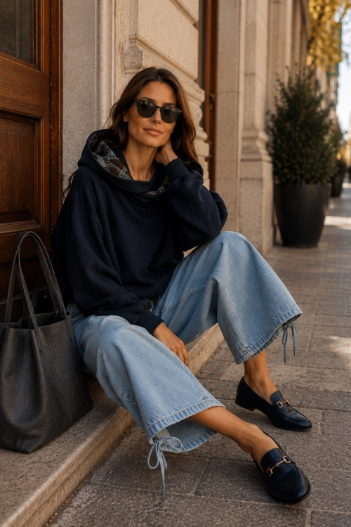 Bluza damska granatowa oversize asymetryczna z kapturem Palanzano