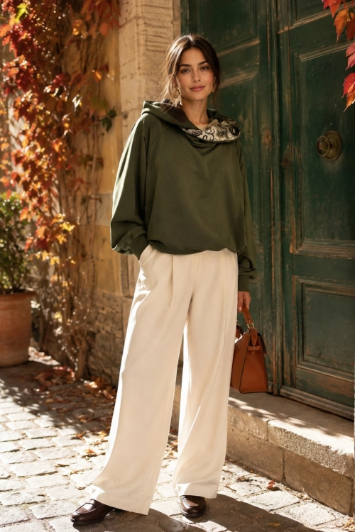 Bluza khaki oversize z kapturem asymetryczna regulacja dołu troczkiem Palanzano
