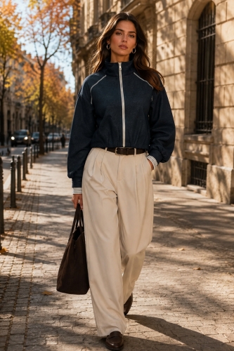 Bluza granatowa na zamek z gumką na dole kieszeniami i mankietami w stylu marine Calendasco