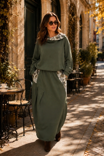 Spódnica maxi bombka khaki kieszenie gumka w pasie Roccabianca