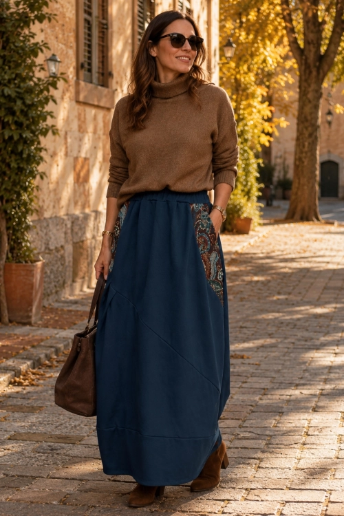 Spódnica maxi bombka granatowa z żakardowymi wstawkami i kieszeniami na gumce w pasie Roccabianca