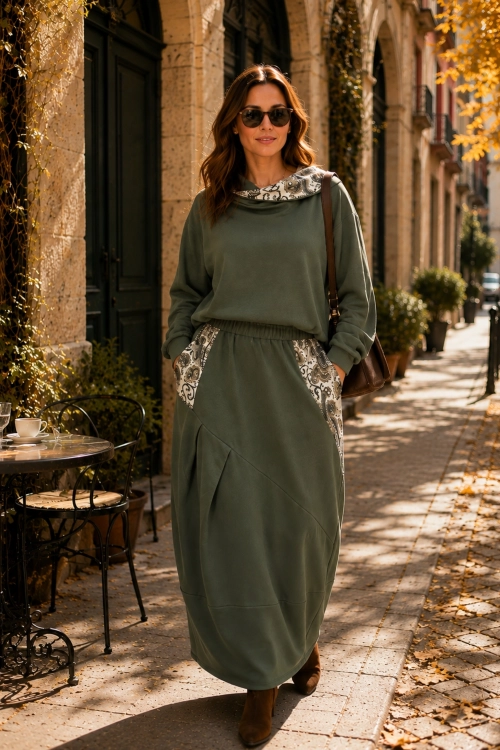 Bluza khaki oversize z kapturem asymetryczna regulacja dołu troczkiem Palanzano