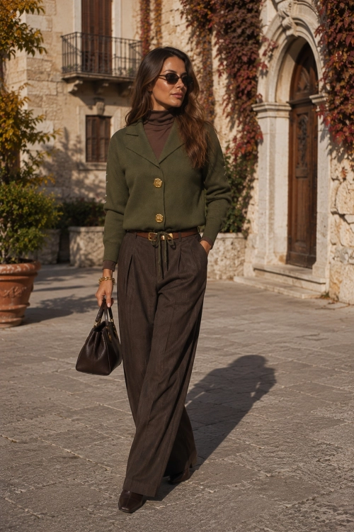 Sweter khaki typu bomber z ozdobnymi guzikami i troczkiem Capena