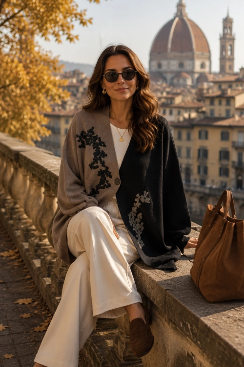 Kardigan z wiskozą czarny z fango w stylu kimono z haftowanymi kwiatami Uvarzella