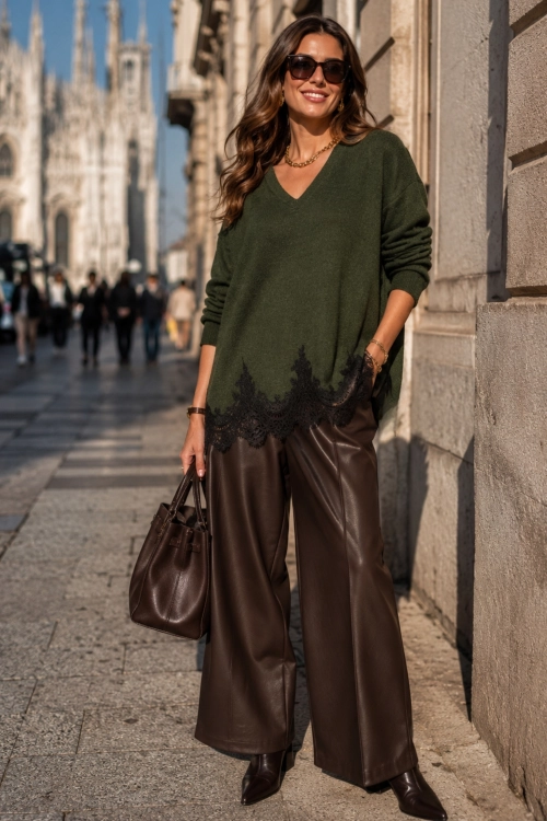 Bluzka dzianinowa khaki elegancka koronka Toano