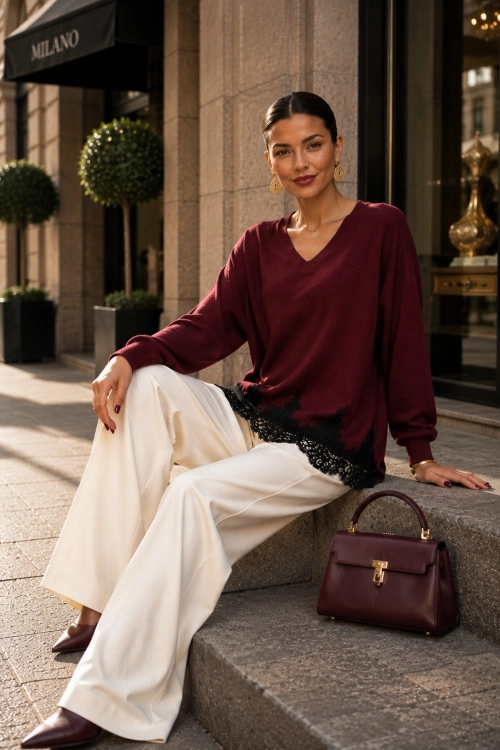 Bluzka dzianinowa burgundowa elegancka koronka Toano