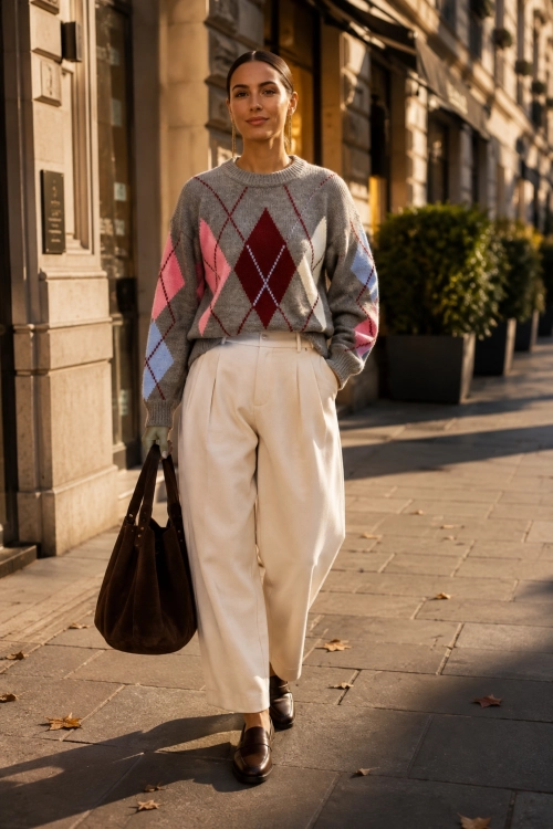 Szary sweter preppy damski w romby Lasieso