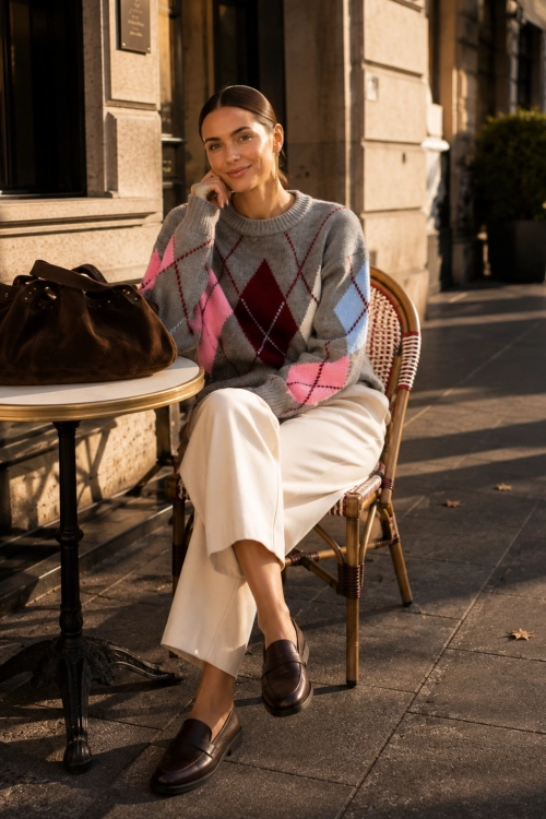 Sweter damski argyle w romby szary Lasieso