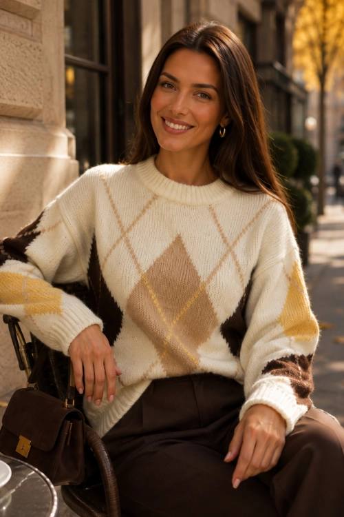 Sweter damski w romby argyle beżowy Lasieso