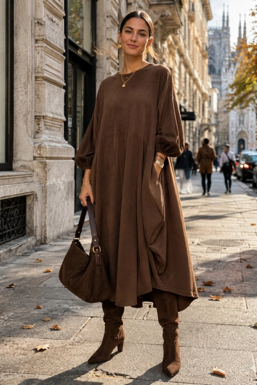 Elegancka sukienka czekoladowa maxi z prążkowanej bawełny i wyjątkowym fasonem Belzarini