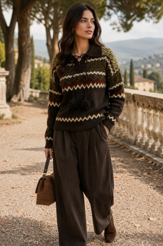 Sweter brązowy o luźnym fasonie z kołnierzykiem polo dekoracyjnym wiązaniem i wzorem w stylu Nordic Knit Coriano