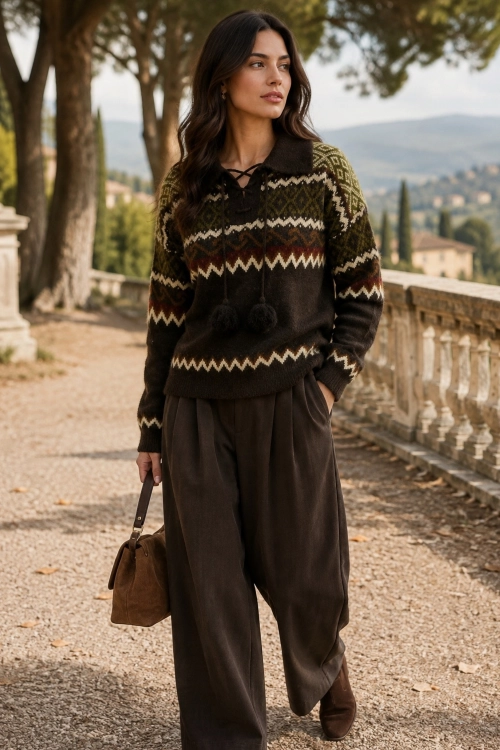 Sweter brązowy o luźnym fasonie z kołnierzykiem polo dekoracyjnym wiązaniem i wzorem w stylu Nordic Knit Coriano