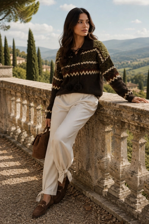 Brązowy sweter Nordic Knit luźny fason kołnierzyk polo wiązanie Coriano