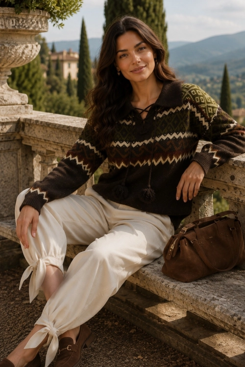 Brązowy sweter Nordic Knit z dekoracyjnym wiązaniem Coriano