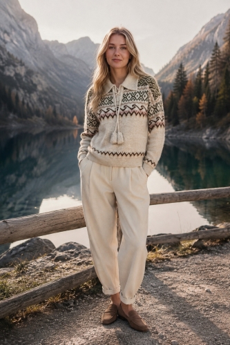 Sweter beżowy o luźnym fasonie z kołnierzykiem polo dekoracyjnym wiązaniem i wzorem w stylu Nordic Knit Coriano