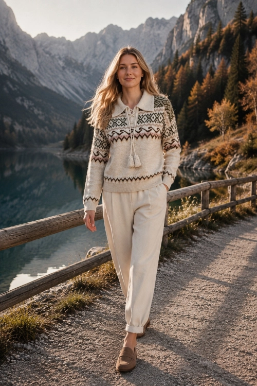 Beżowy sweter Nordic Knit z dekoracyjnym wiązaniem Coriano