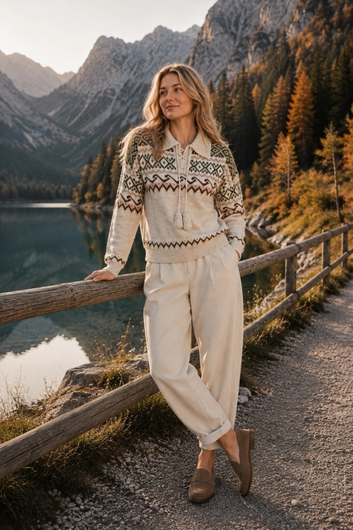 Sweter beżowy luźny fason kołnierzyk polo Coriano