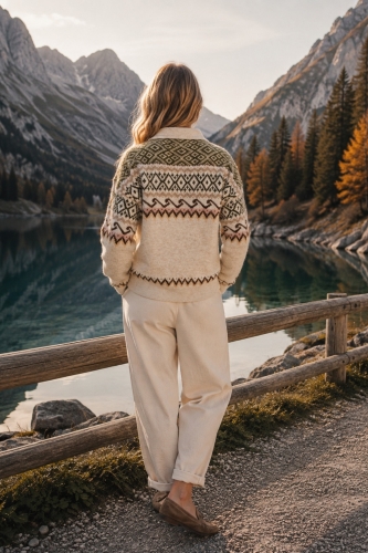 Beżowy sweter Nordic Knit luźny fason kołnierzyk polo wiązanie Coriano
