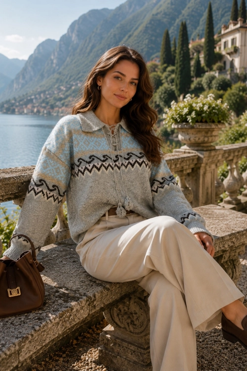 Szary sweter Nordic Knit z dekoracyjnym wiązaniem Coriano