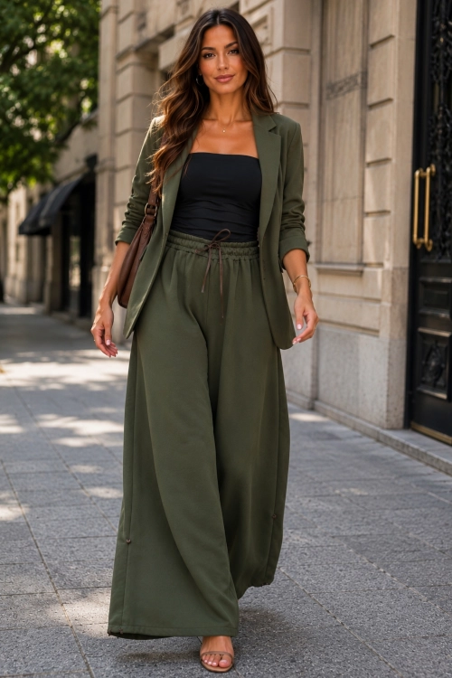 Eleganckie spodnie damskie khaki o fasonie szwedów z regulowanymi nogawkami Sorellani