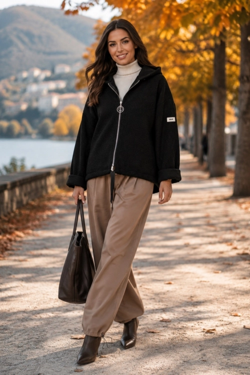 Bluza oversize czarna na zamek z kapturem i kieszeniami Almeria