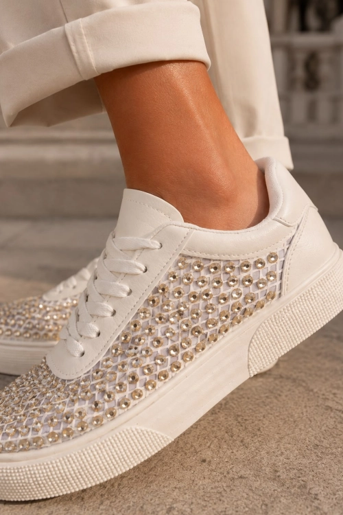 Eleganckie sneakersy beżowe z błyszczącymi cyrkoniami i grubą platformą Teravola