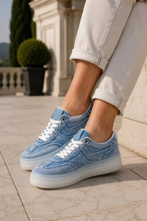 Sneakersy jeansowe błękitne przeszycia Benidorm