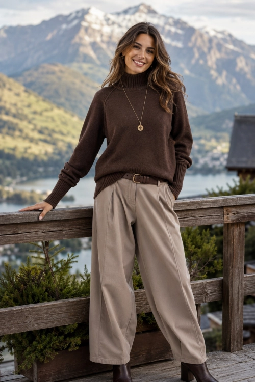 Sweter damski brązowy z golfem casual ozdobne przeszycia Fuenlabrada
