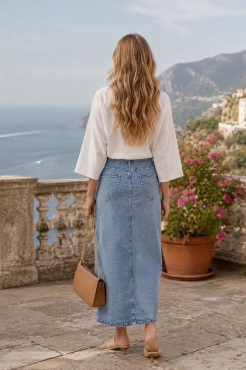 Spódnica jeansowa na guziki maxi denim blue z kieszeniami Anagni