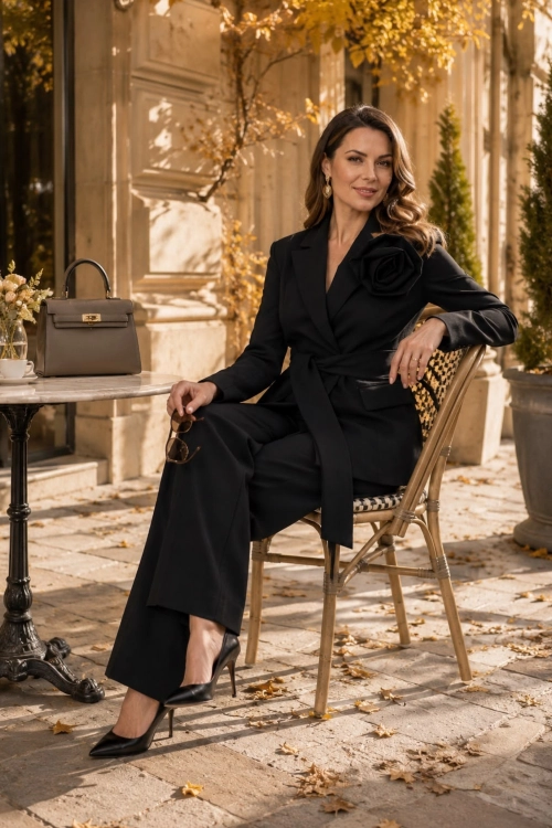 Garnitur damski czarny z ozdobną różą na marynarce i eleganckimi spodniami Brunate