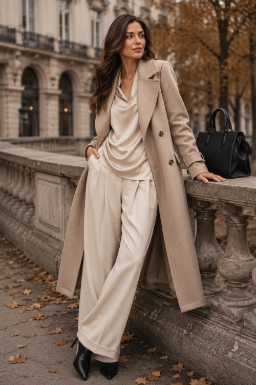 Eleganckie spodnie beżowe damskie o szerokiej nogawce wide leg Foresvila