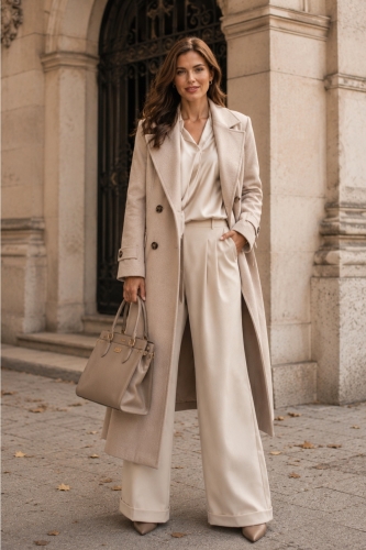 Spodnie damskie wide leg beżowe z zakładkami i eleganckim fasonem Foresvila