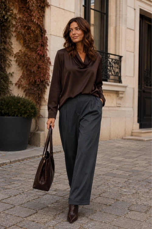 Eleganckie spodnie grafitowe damskie o szerokiej nogawce wide leg Foresvila