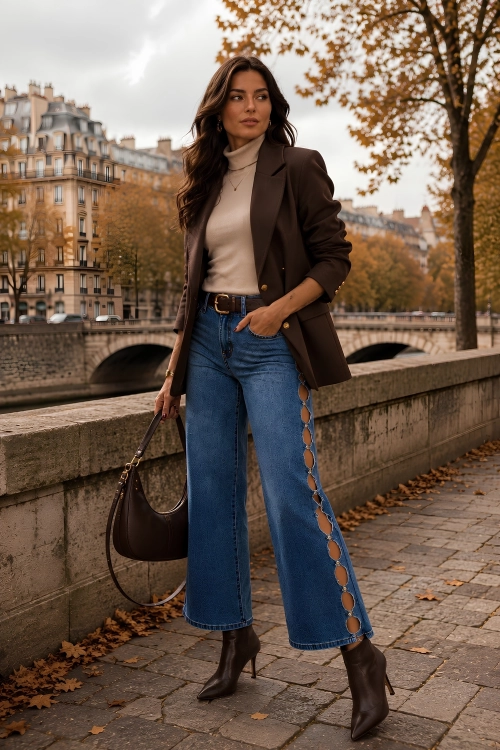 Spodnie jeansowe szerokie wide leg denim blue z rozcięciami i dekoracyjnymi detalami Garenzola