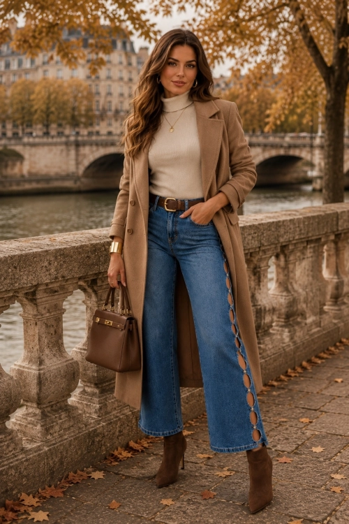 Eleganckie spodnie jeansowe damskie denim blue z wysokim stanem i szeroką nogawką Garenzola