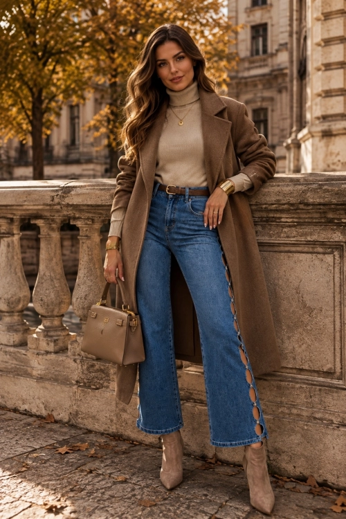 Modne jeansy wide leg Garenzola denim blue z kryształkami rozcięciami i kobiecym fasonem