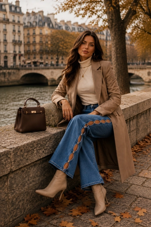 Jeansy damskie denim blue wide leg z wysokim stanem i ozdobnymi kryształkami Garenzola