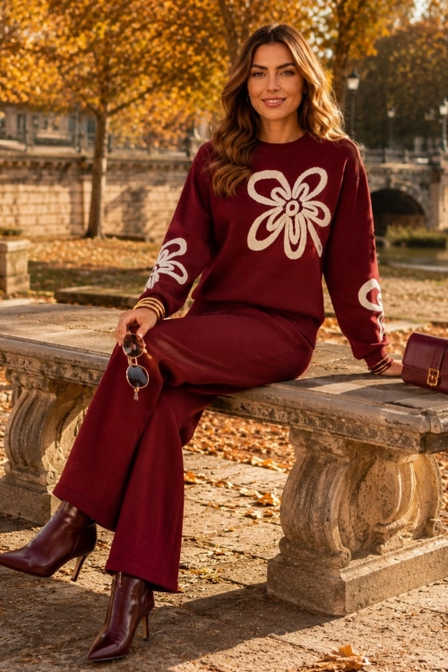 Elegancki komplet dzianinowy bordowy ze swetrem oversize i spodniami z prostą nogawką Montescudo