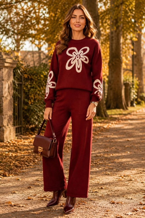 Stylowy komplet dzianinowy Montescudo z bordowym swetrem oversize i wygodnymi spodniami