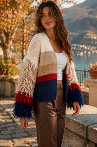 Kardigan damski granatowy oversize z dzianiny w kontrastowe pasy Sarratillo