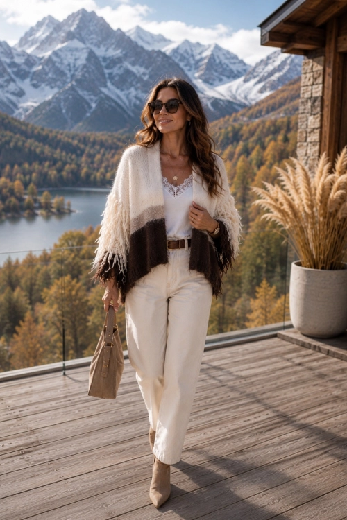 Brązowy sweter damski oversize w pasy z szerokim rękawem Sarratillo