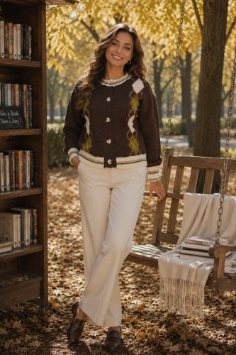 Elegancki sweter brązowy damski w stylu college z rombami argyle
