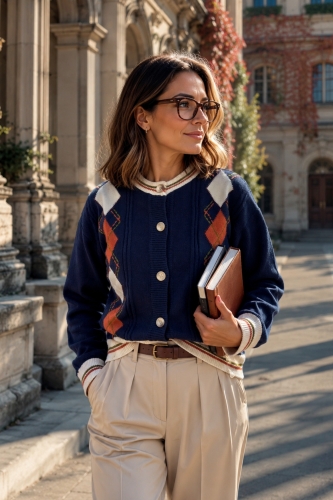 Sweter granatowy damski preppy z guzikami i wzorem argyle Guasoa.