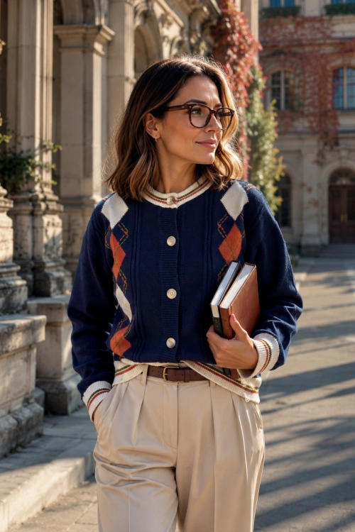 Sweter granatowy damski preppy z guzikami i wzorem argyle Guasoa.
